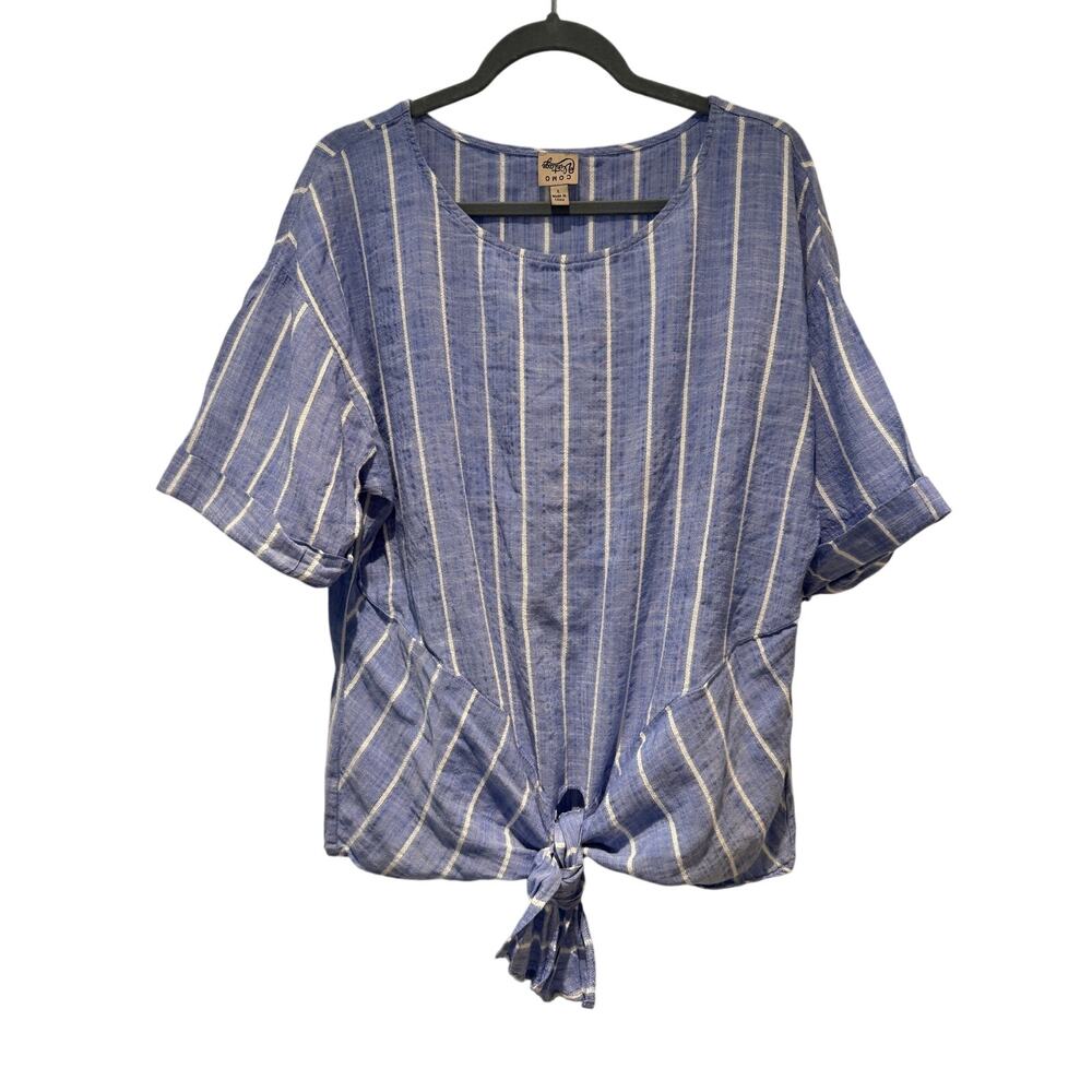 VINTAGE COMO Sz L Blue & White Linen Front Bottom Tie Women’s Top | GUC